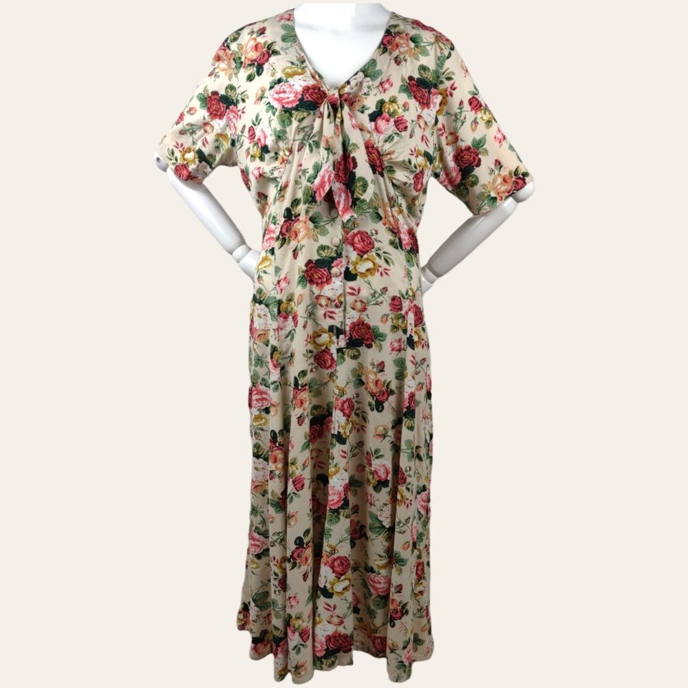 Vintage 1990s Floral Garden Roses Dress Rayon Tie Front Back Bow Cottage Core 12